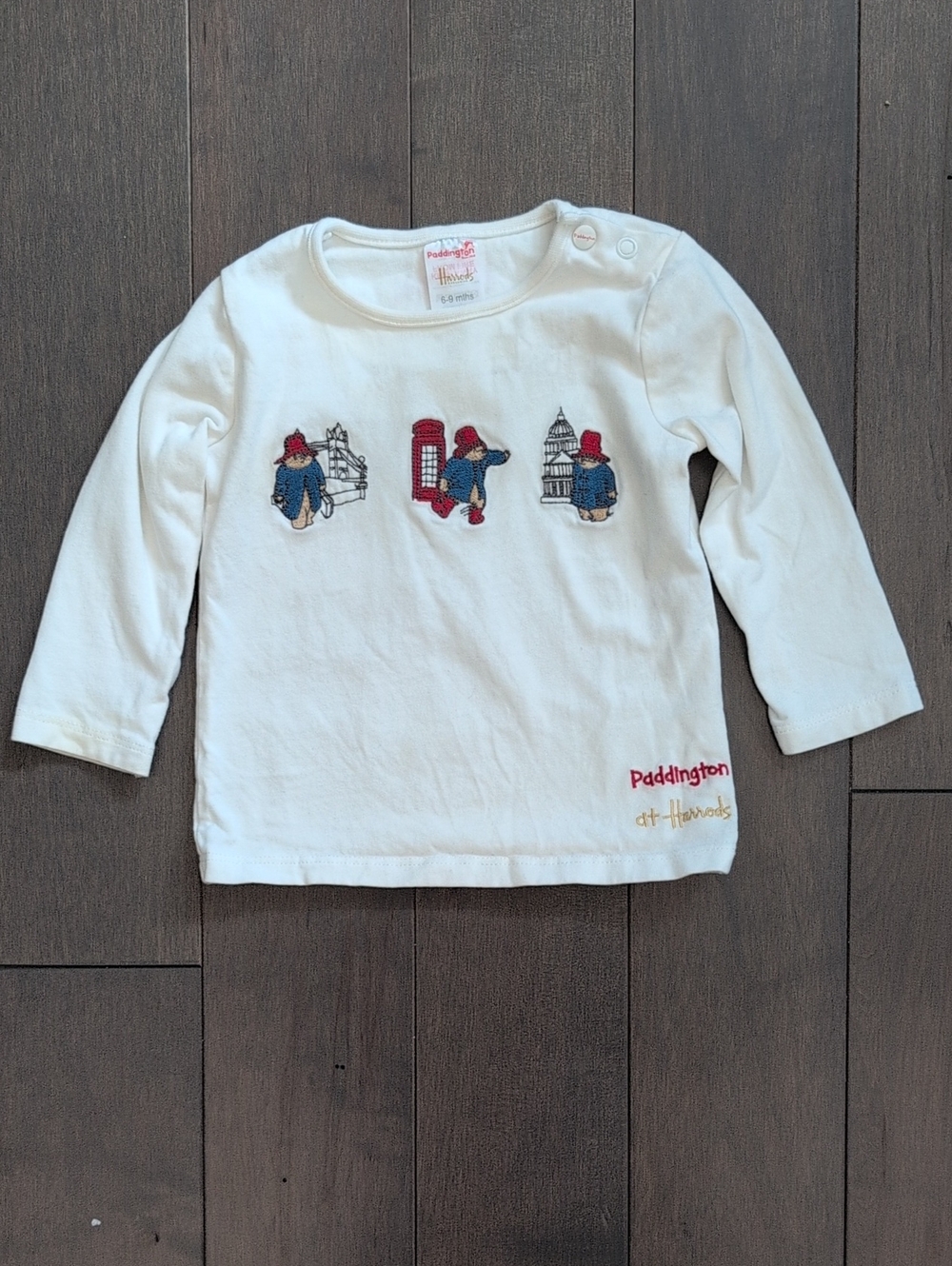 Harrods Paddington 6-9 Month White Long-Sleeve Paddington Embroidered Tee